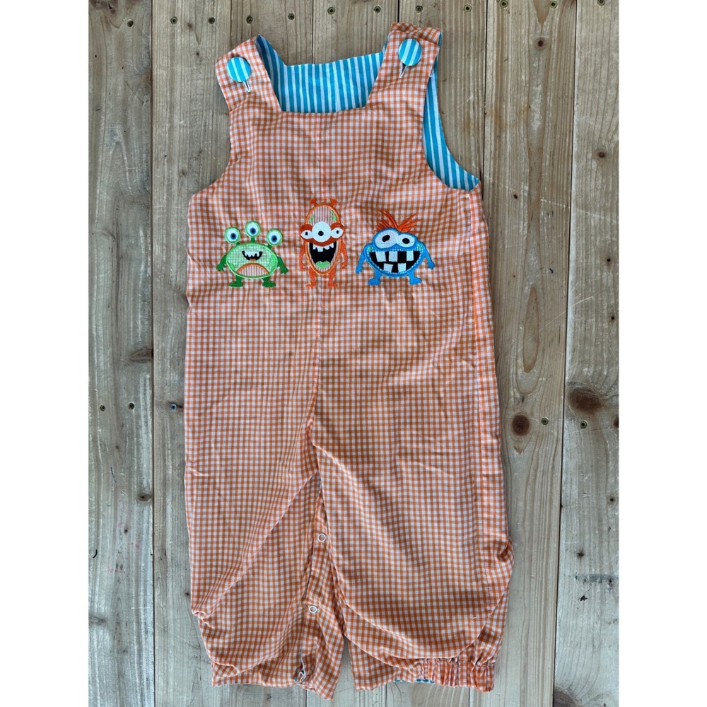 Banana Split Reversible Monster Pumpkin Longall Orange‎ Gingham Teal Stripe 2T